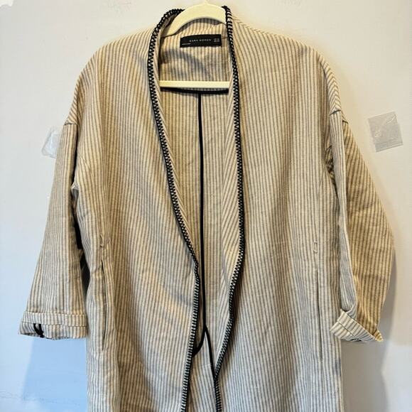 NWOT Zara Beige Linen Striped Fringe Trim Hem Midi Duster Wrap Coat Cardigan - Picture 5 of 16